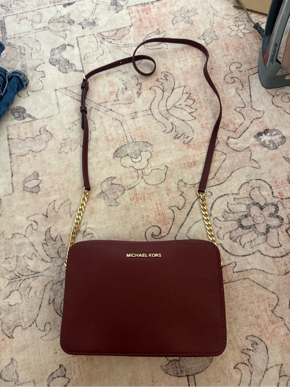 Michael Kors Maroon Saffiano Crossbody with Gold Chain